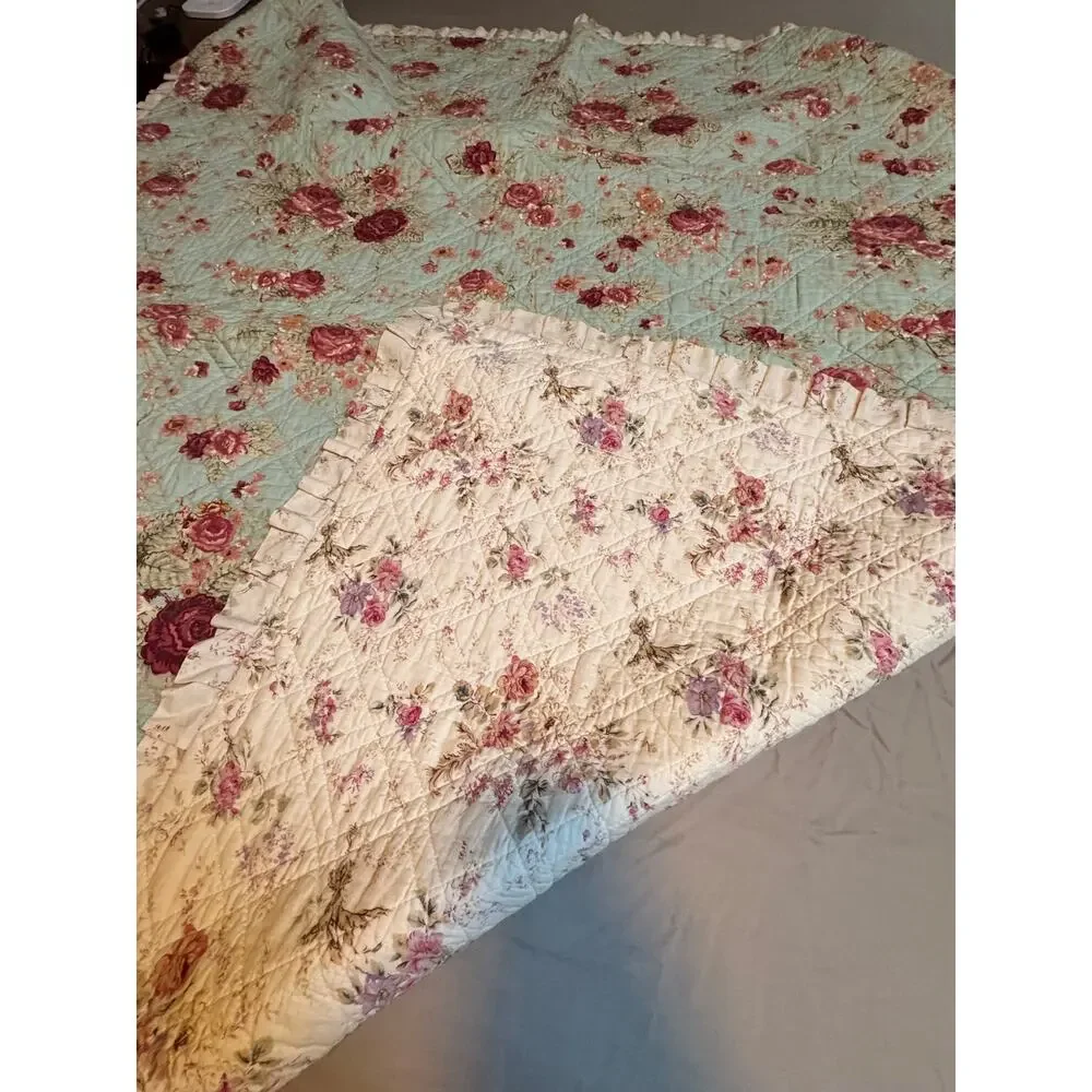 Antique Traditional Floral Romantic Red Rose Quilt Cotton Twin Bedspread Blanket